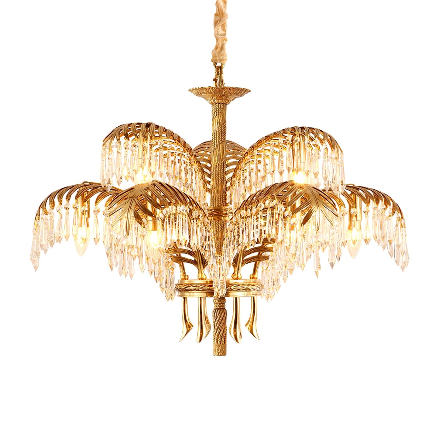 Elegant Brass Palm Leaf Crystal Chandelier with Adjustable Height & Di