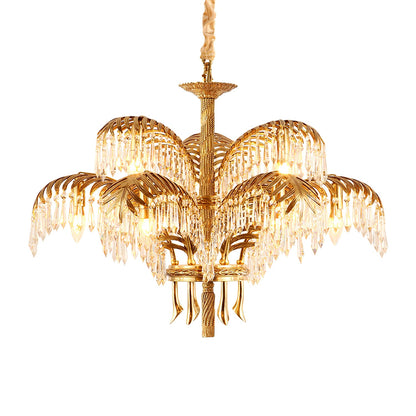 Elegant Brass Palm Leaf Crystal Chandelier with Adjustable Height & Di