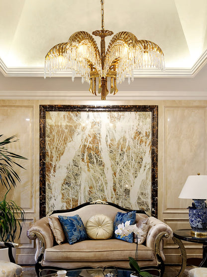 Elegant Brass Palm Leaf Crystal Chandelier with Adjustable Height & Di