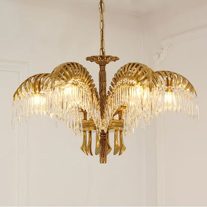 Elegant Brass Palm Leaf Crystal Chandelier with Adjustable Height & Di