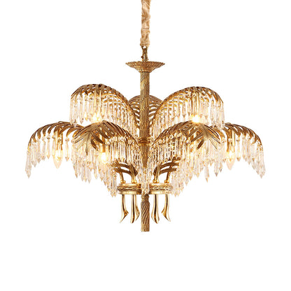 Elegant Brass Palm Leaf Crystal Chandelier with Adjustable Height & Di