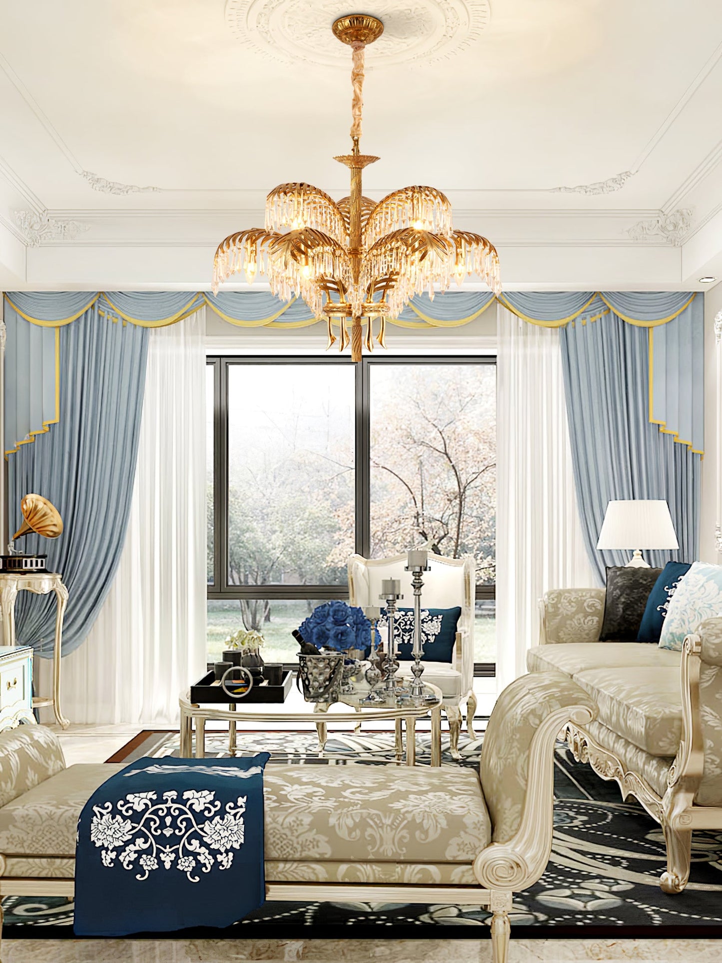 Elegant Brass Palm Leaf Crystal Chandelier with Adjustable Height & Di