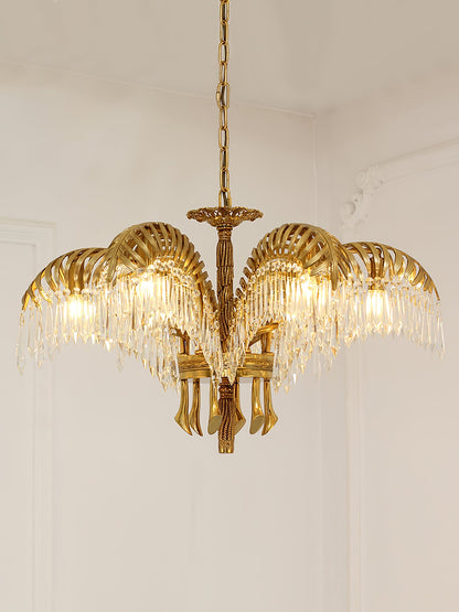 Elegant Brass Palm Leaf Crystal Chandelier with Adjustable Height & Di