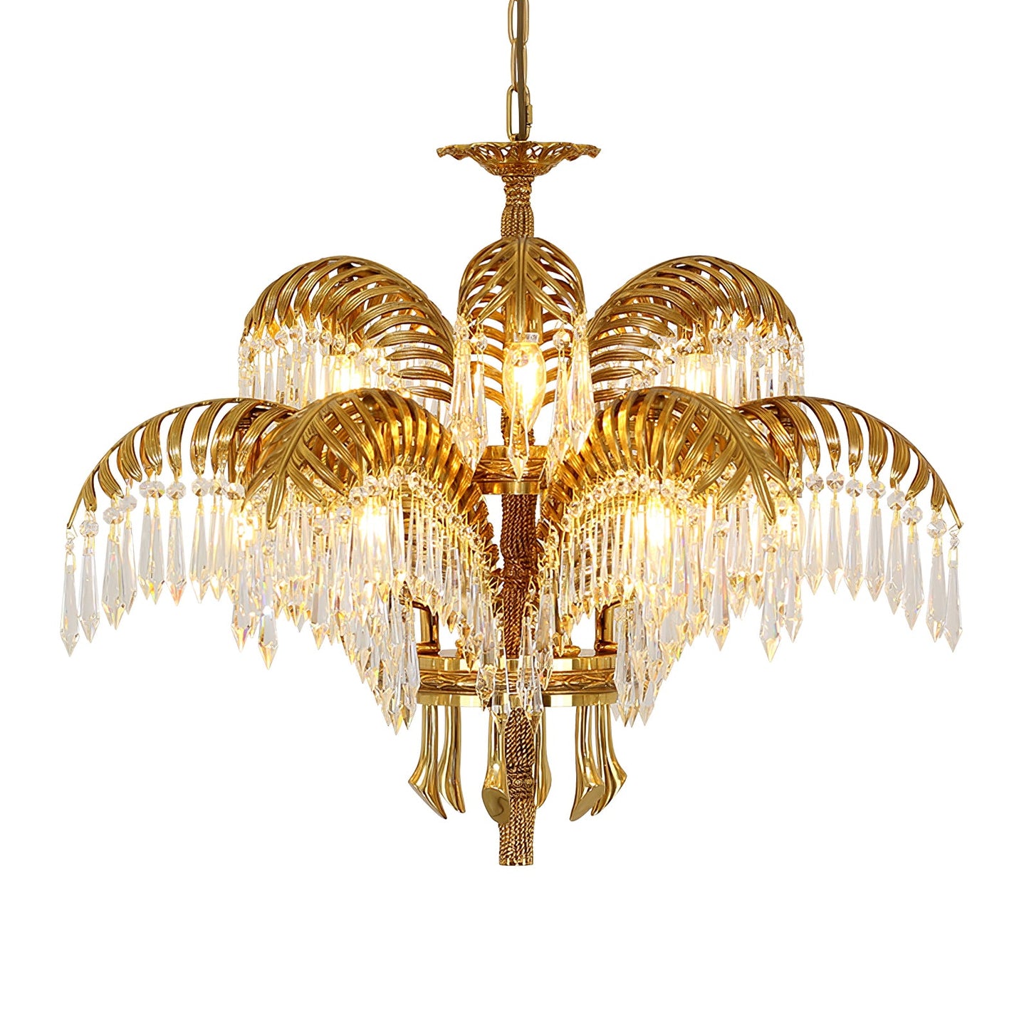 Elegant Brass Palm Leaf Crystal Chandelier with Adjustable Height & Di