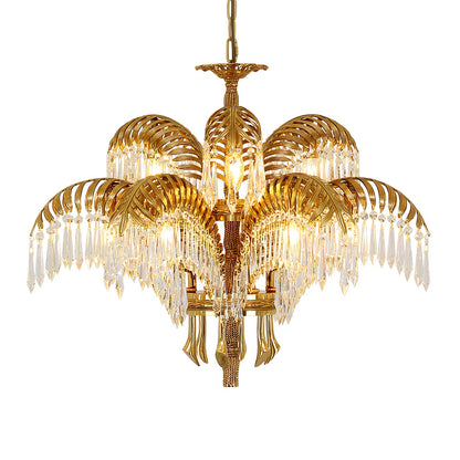 Elegant Brass Palm Leaf Crystal Chandelier with Adjustable Height & Di