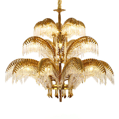 Elegant Brass Palm Leaf Crystal Chandelier with Adjustable Height & Di