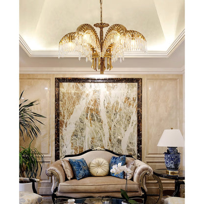 Elegant Brass Palm Leaf Crystal Chandelier with Adjustable Height & Di