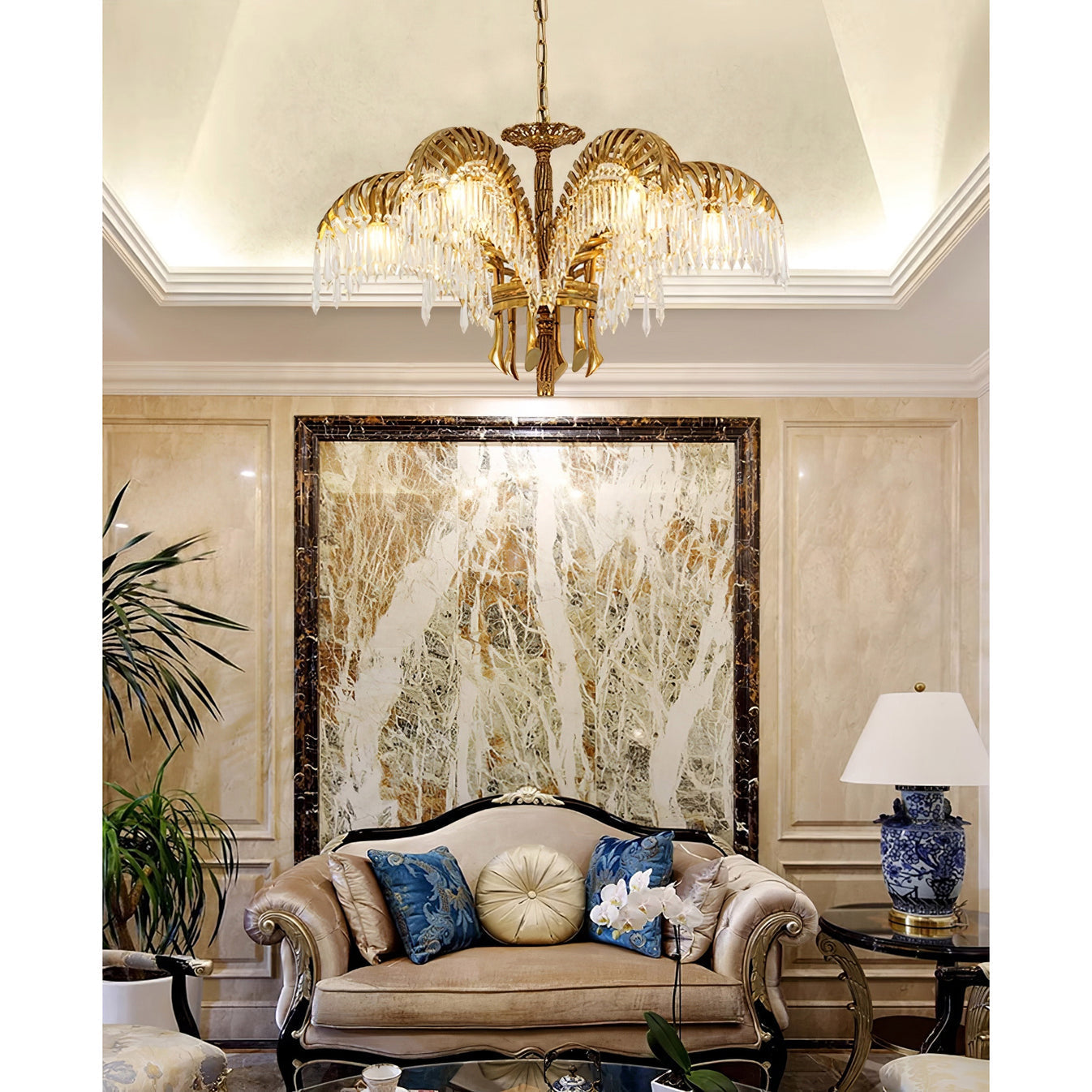 Elegant Brass Palm Leaf Crystal Chandelier with Adjustable Height & Di