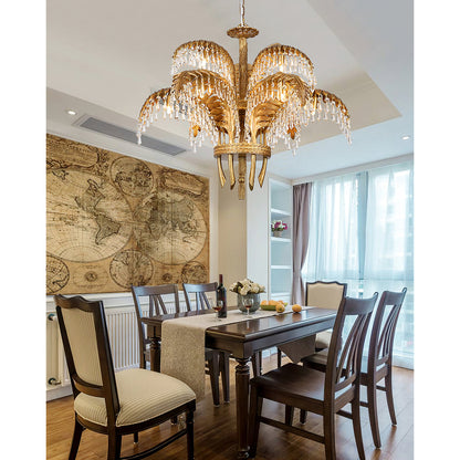 Elegant Brass Palm Leaf Crystal Chandelier with Adjustable Height & Di