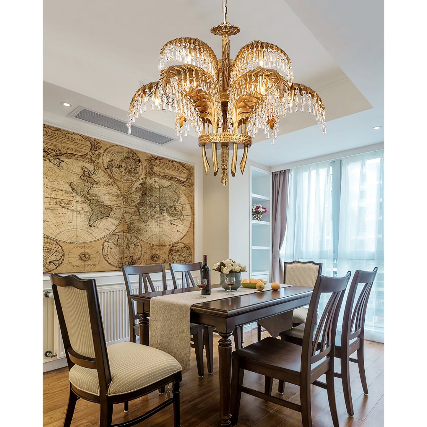 Elegant Brass Palm Leaf Crystal Chandelier with Adjustable Height & Di