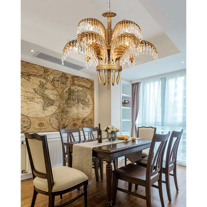Elegant Brass Palm Leaf Crystal Chandelier with Adjustable Height & Di