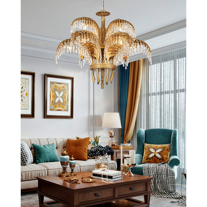 Elegant Brass Palm Leaf Crystal Chandelier with Adjustable Height & Di