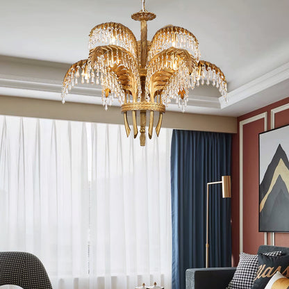 Elegant Brass Palm Leaf Crystal Chandelier with Adjustable Height & Di