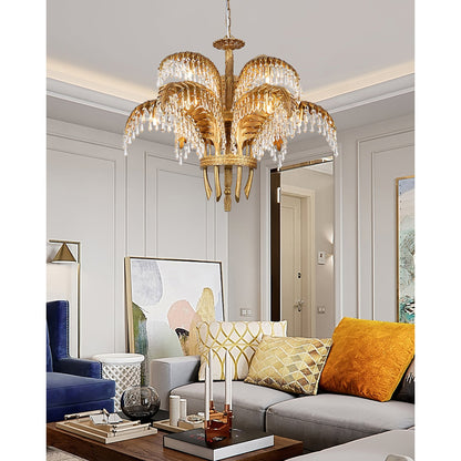 Elegant Brass Palm Leaf Crystal Chandelier with Adjustable Height & Di
