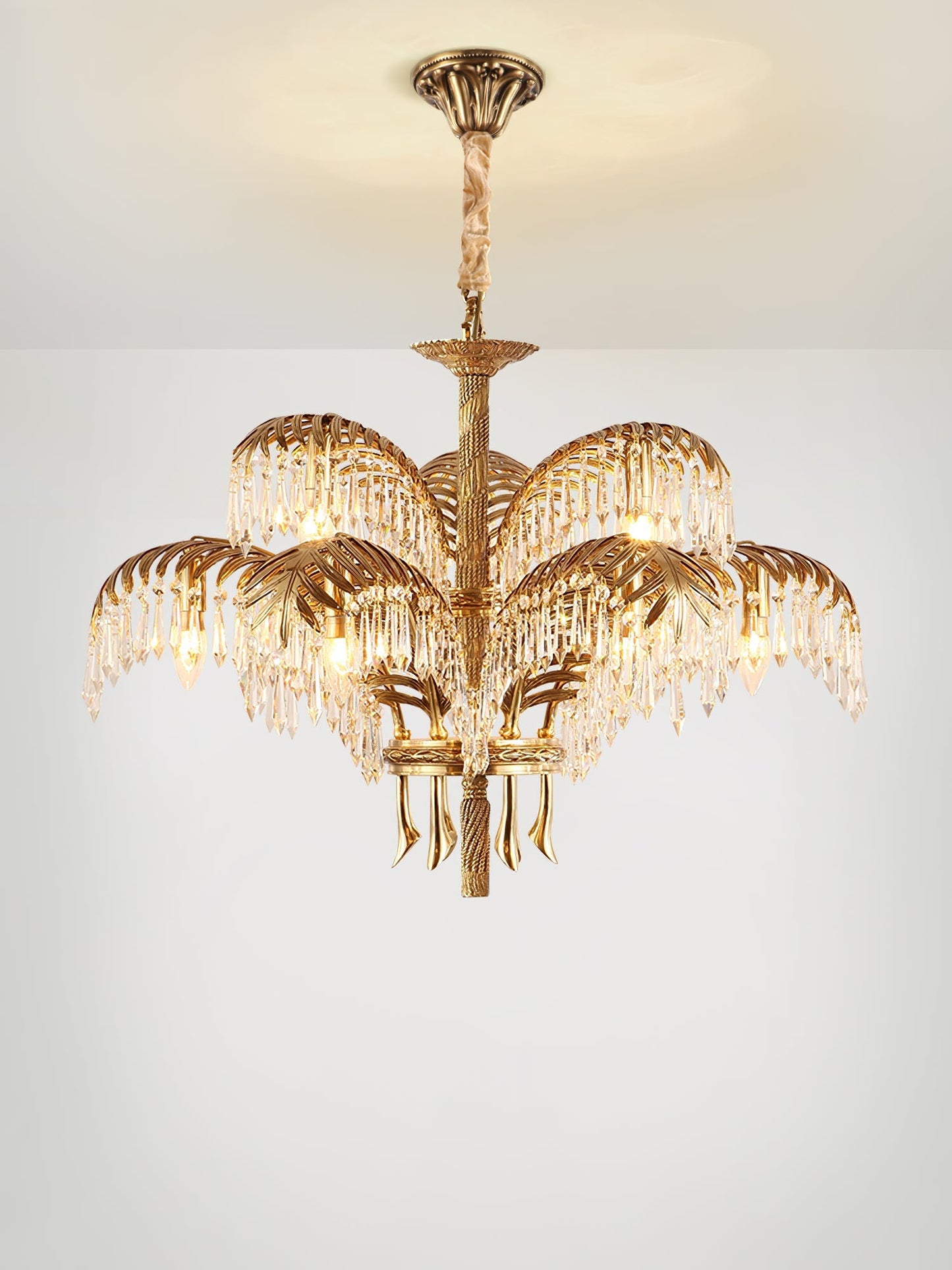 Elegant Brass Palm Leaf Crystal Chandelier with Adjustable Height & Di