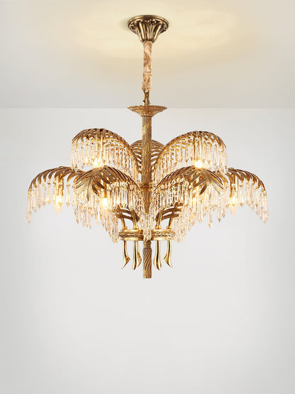 Elegant Brass Palm Leaf Crystal Chandelier with Adjustable Height & Di