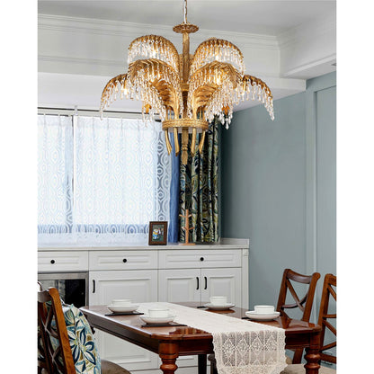Elegant Brass Palm Leaf Crystal Chandelier with Adjustable Height & Di