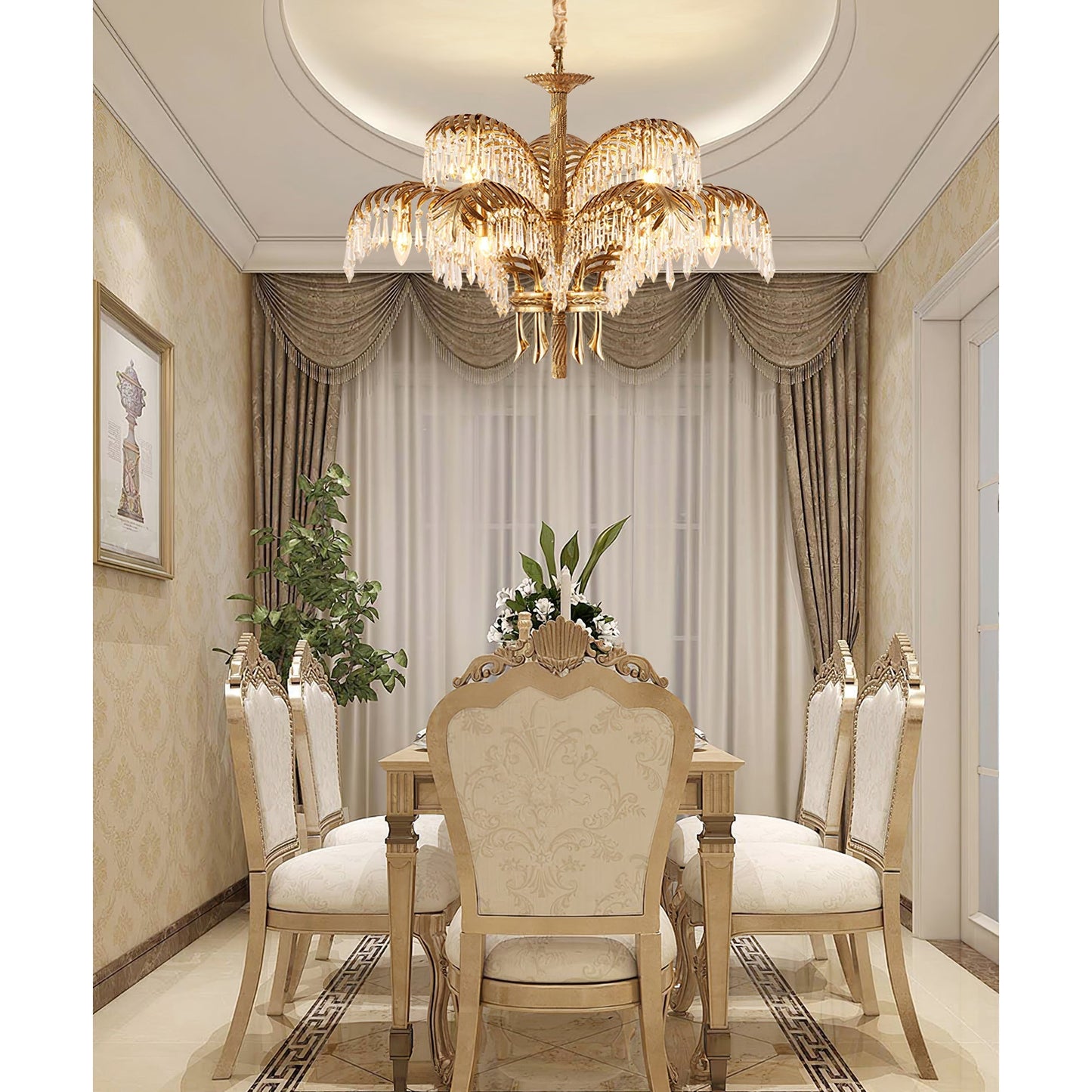 Elegant Brass Palm Leaf Crystal Chandelier with Adjustable Height & Di