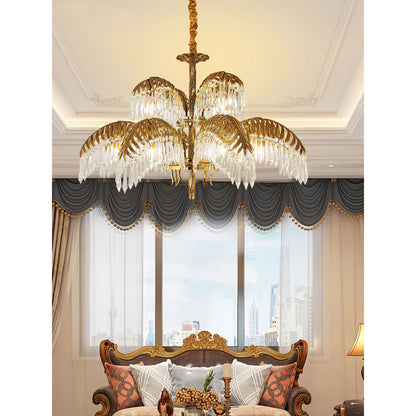 Elegant Brass Palm Leaf Crystal Chandelier with Adjustable Height & Di