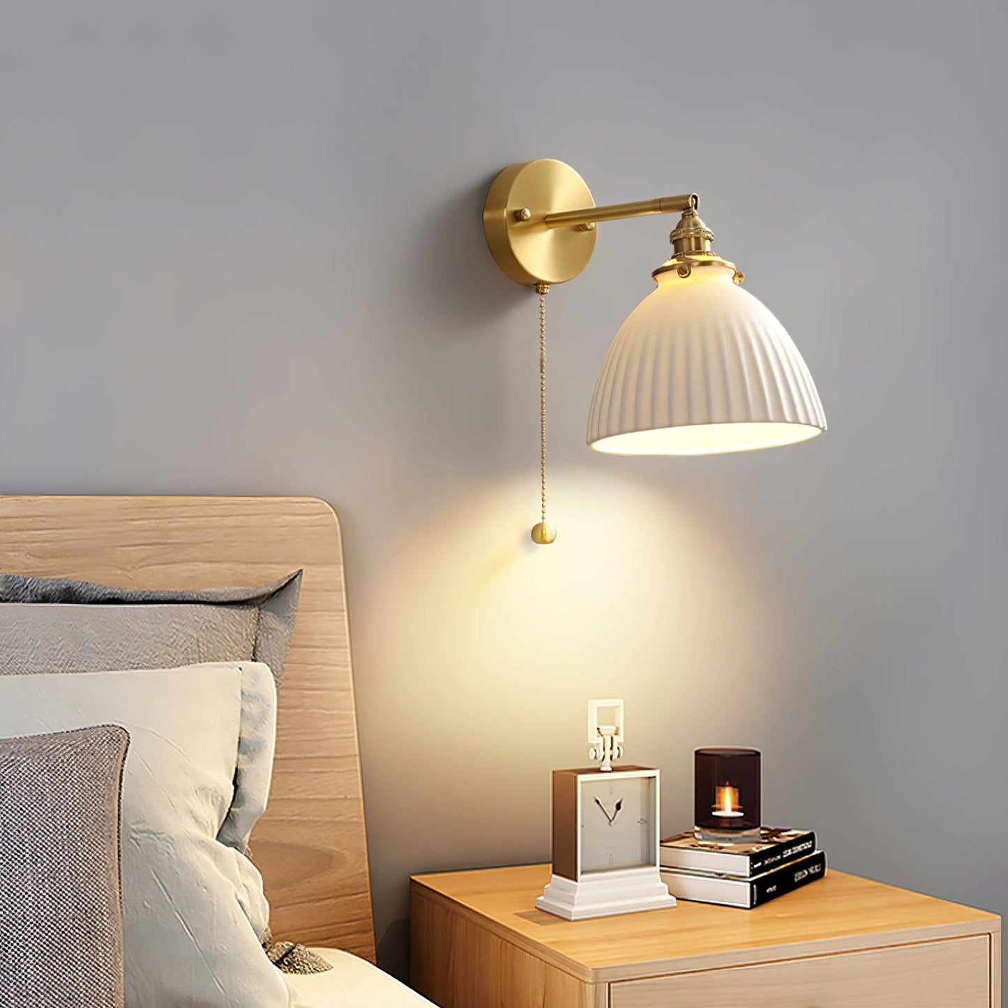 Brass Pleated Ceramic Wall Lamp - Elegant Design with Adjustable Light