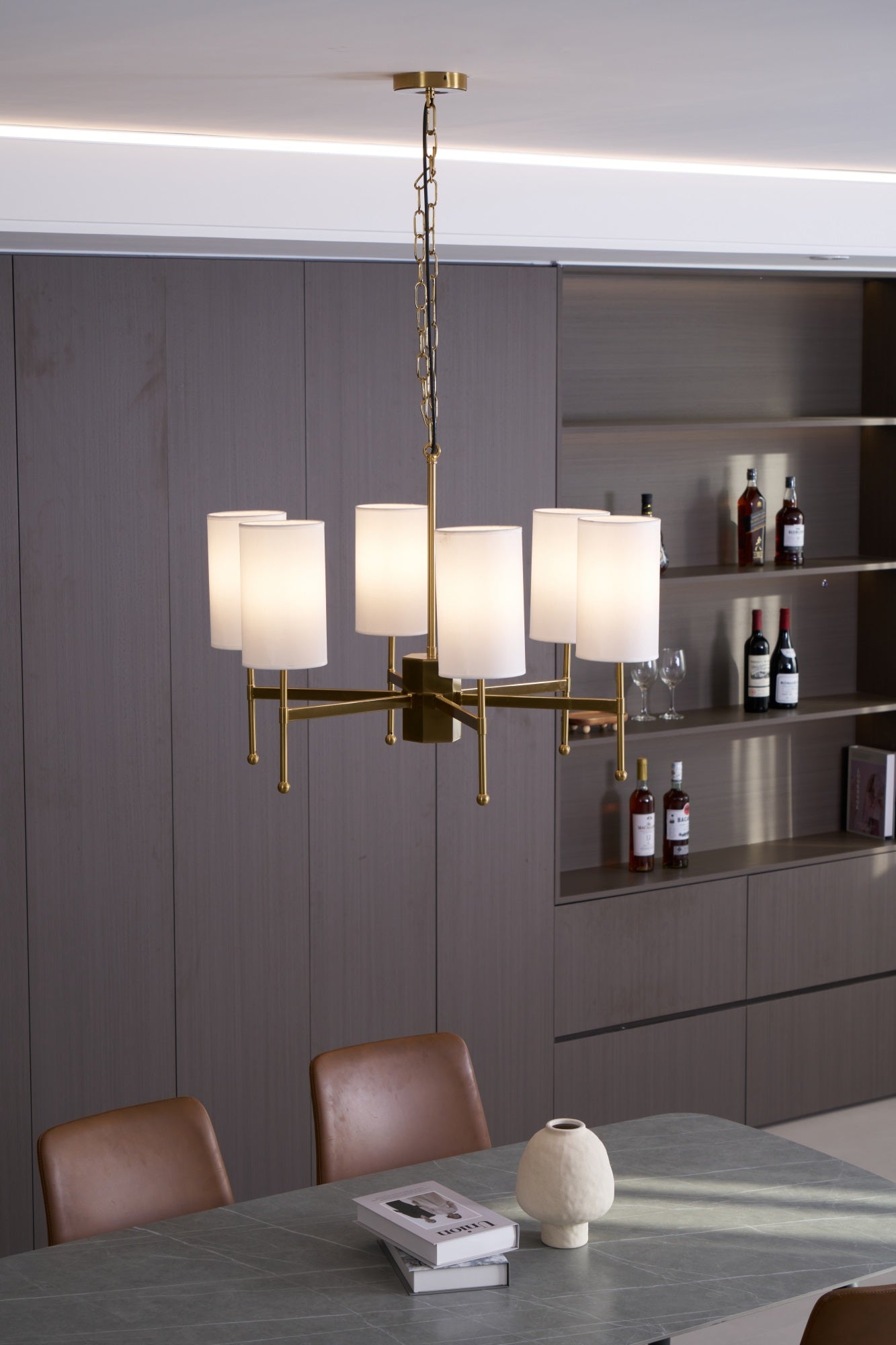 Brass Chandelier with Adjustable Height and Elegant Crystal Accents