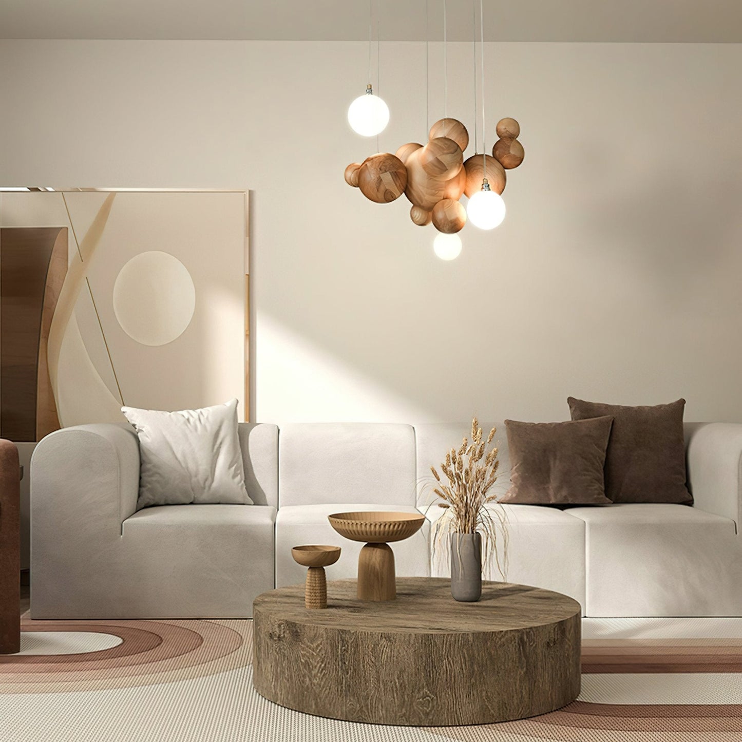 Elegant Bubble Wood Balls Chandelier - Adjustable Height & Warm Lighti
