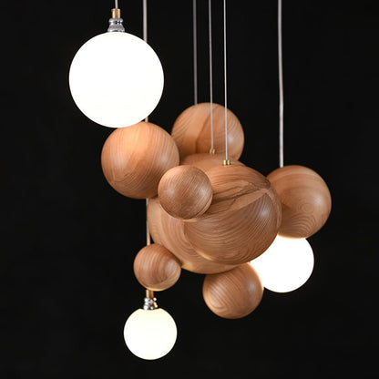 Elegant Bubble Wood Balls Chandelier - Adjustable Height & Warm Lighti