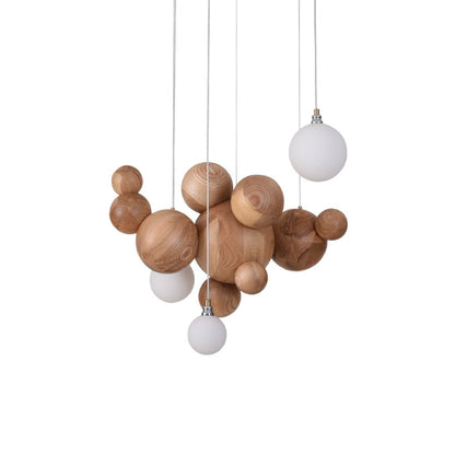 Elegant Bubble Wood Balls Chandelier - Adjustable Height & Warm Lighti