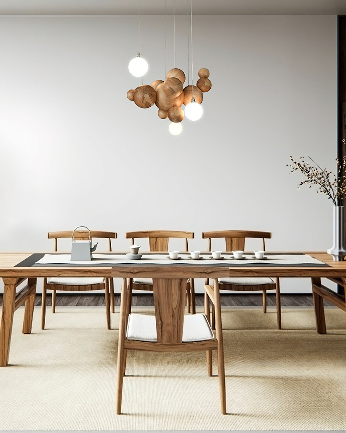 Elegant Bubble Wood Balls Chandelier - Adjustable Height & Warm Lighti