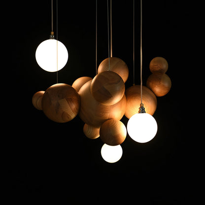 Elegant Bubble Wood Balls Chandelier - Adjustable Height & Warm Lighti