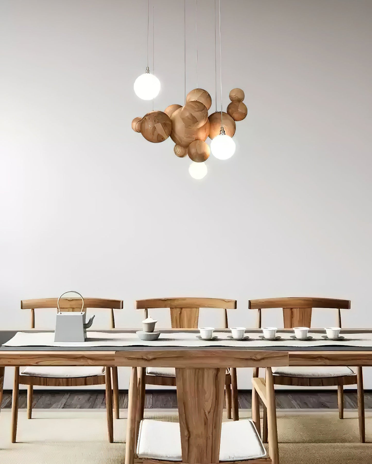 Elegant Bubble Wood Balls Chandelier - Adjustable Height & Warm Lighti