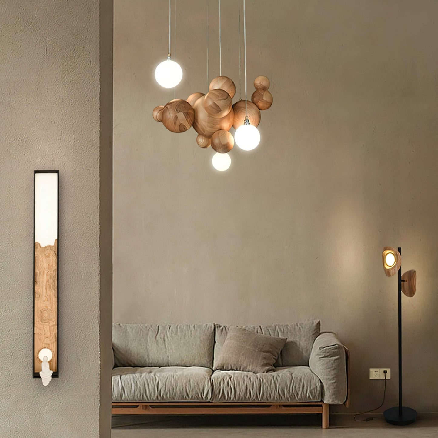 Elegant Bubble Wood Balls Chandelier - Adjustable Height & Warm Lighti
