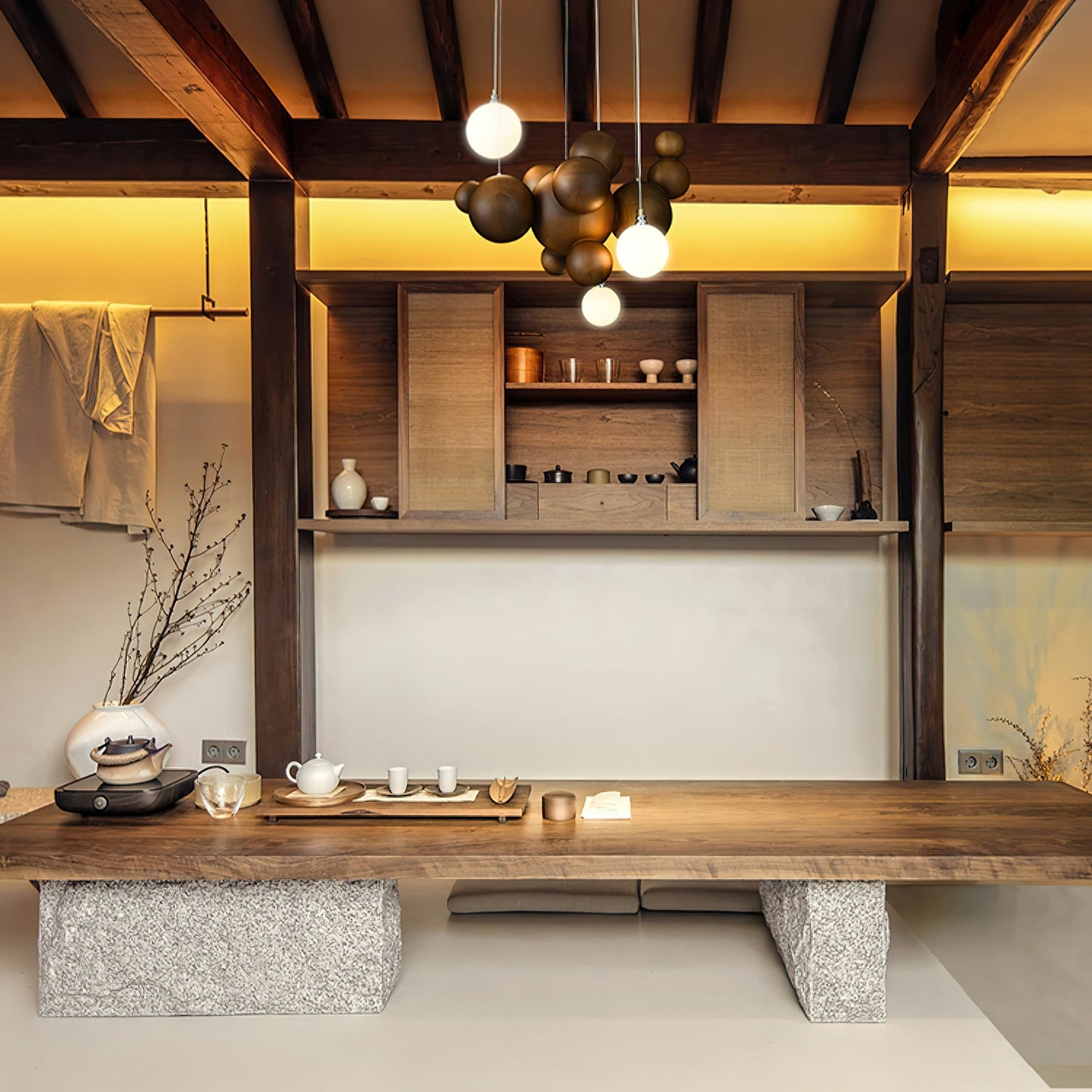 Elegant Bubble Wood Balls Chandelier - Adjustable Height & Warm Lighti