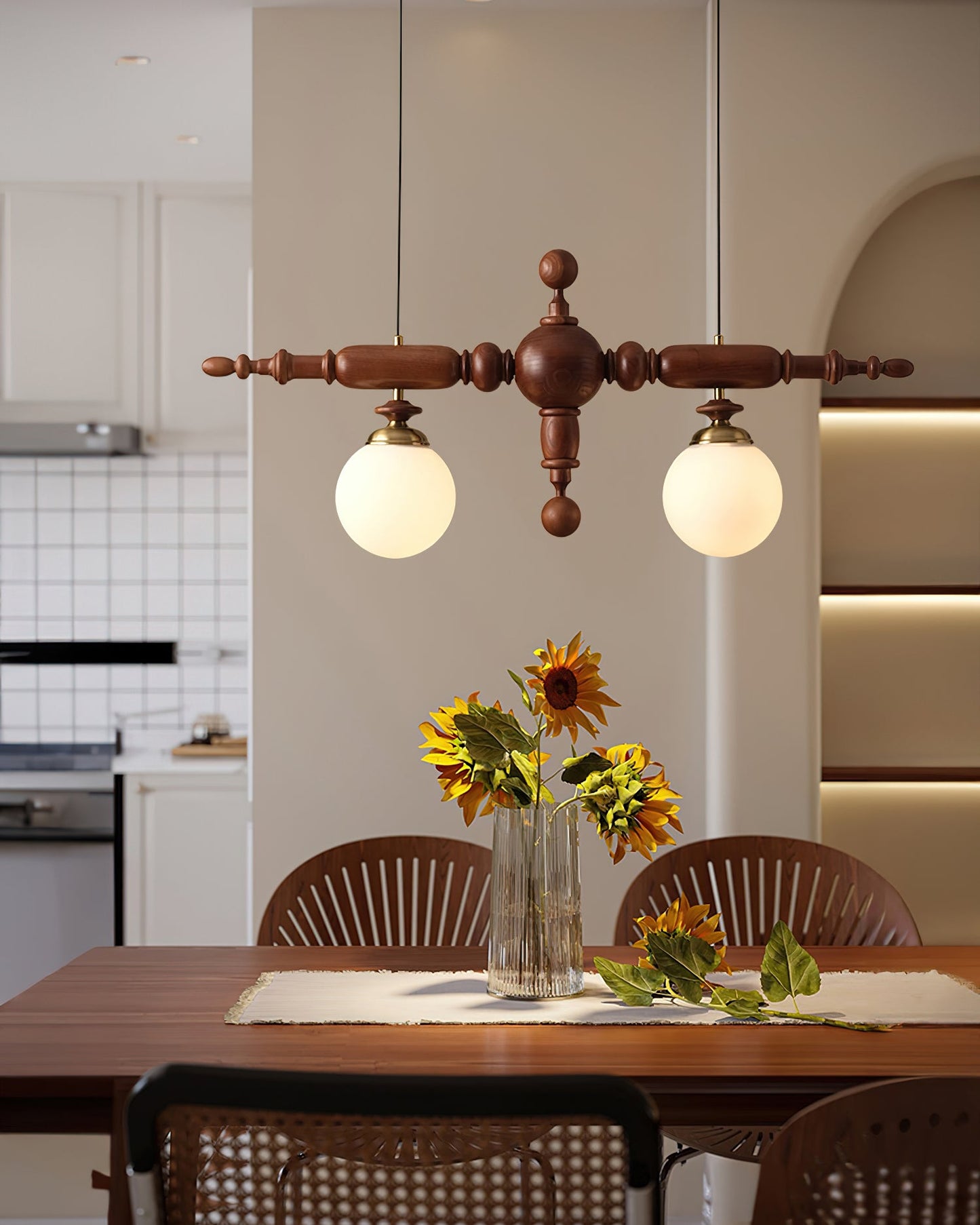 Elegant Wooden Chandelier with Adjustable Height and LED Compatibility