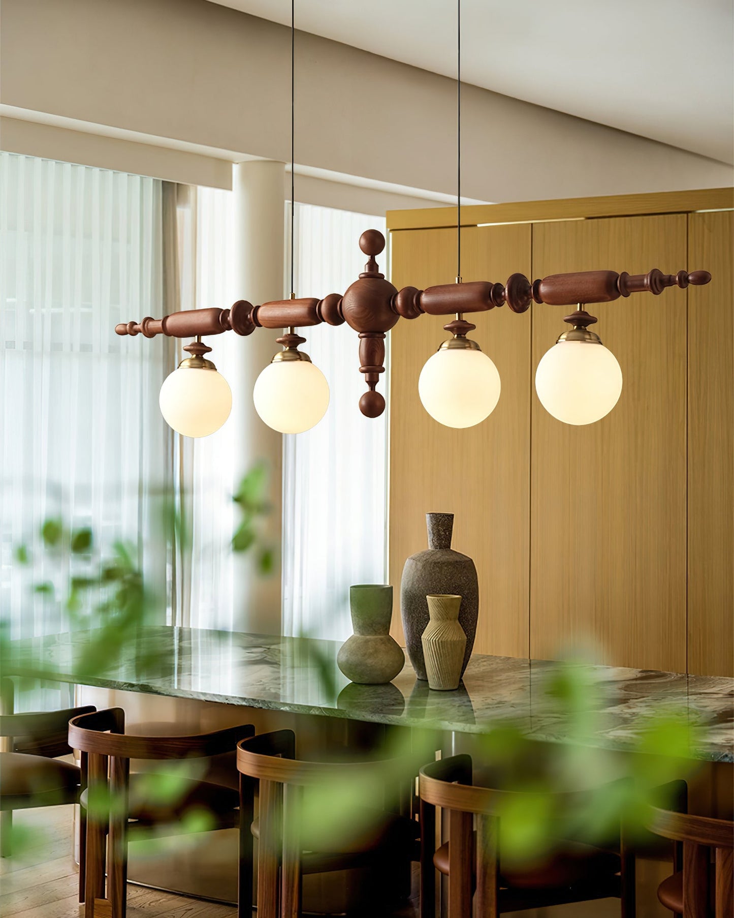 Elegant Wooden Chandelier with Adjustable Height and LED Compatibility