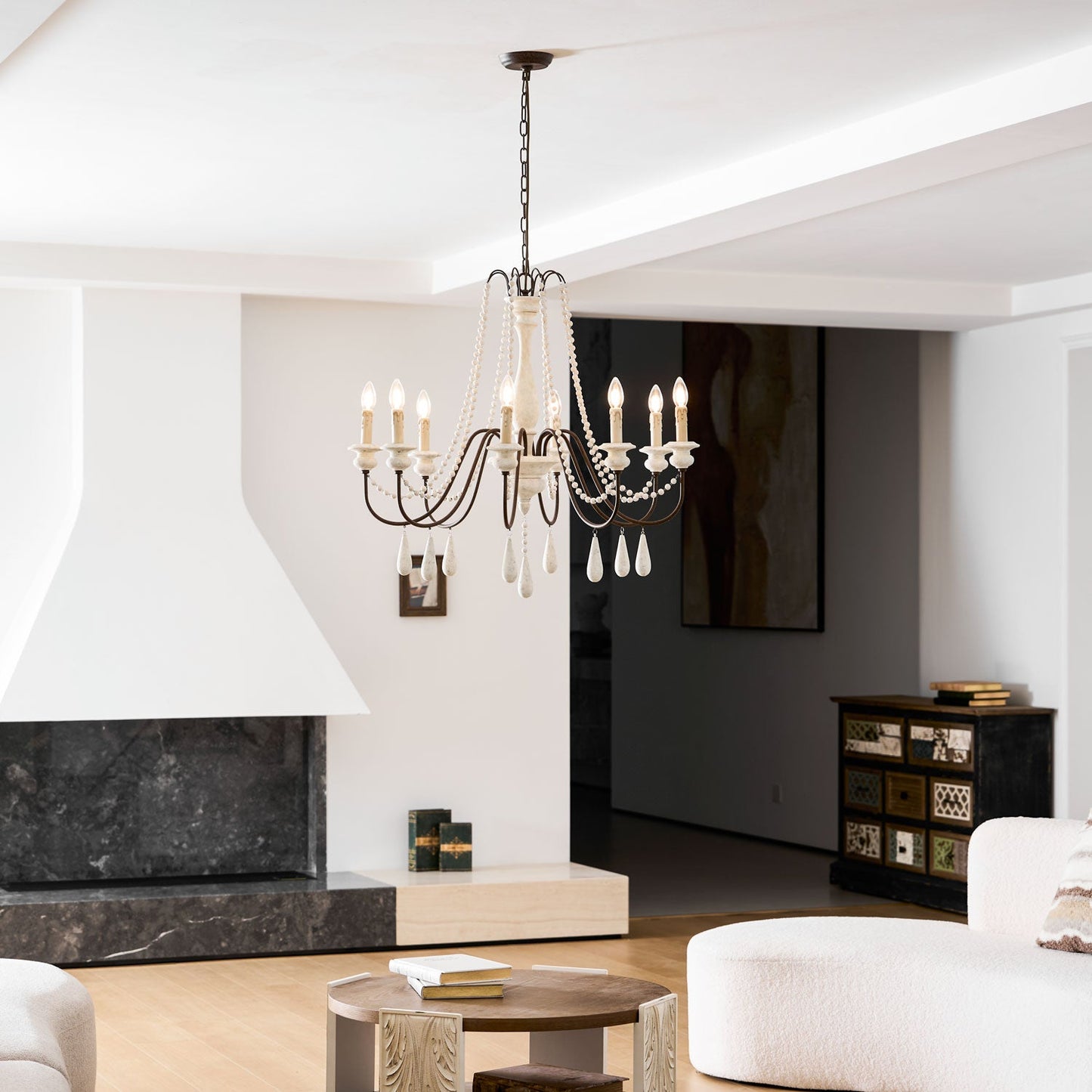 Elegant Candle Style Beaded Chandelier with Adjustable Height and Dimm