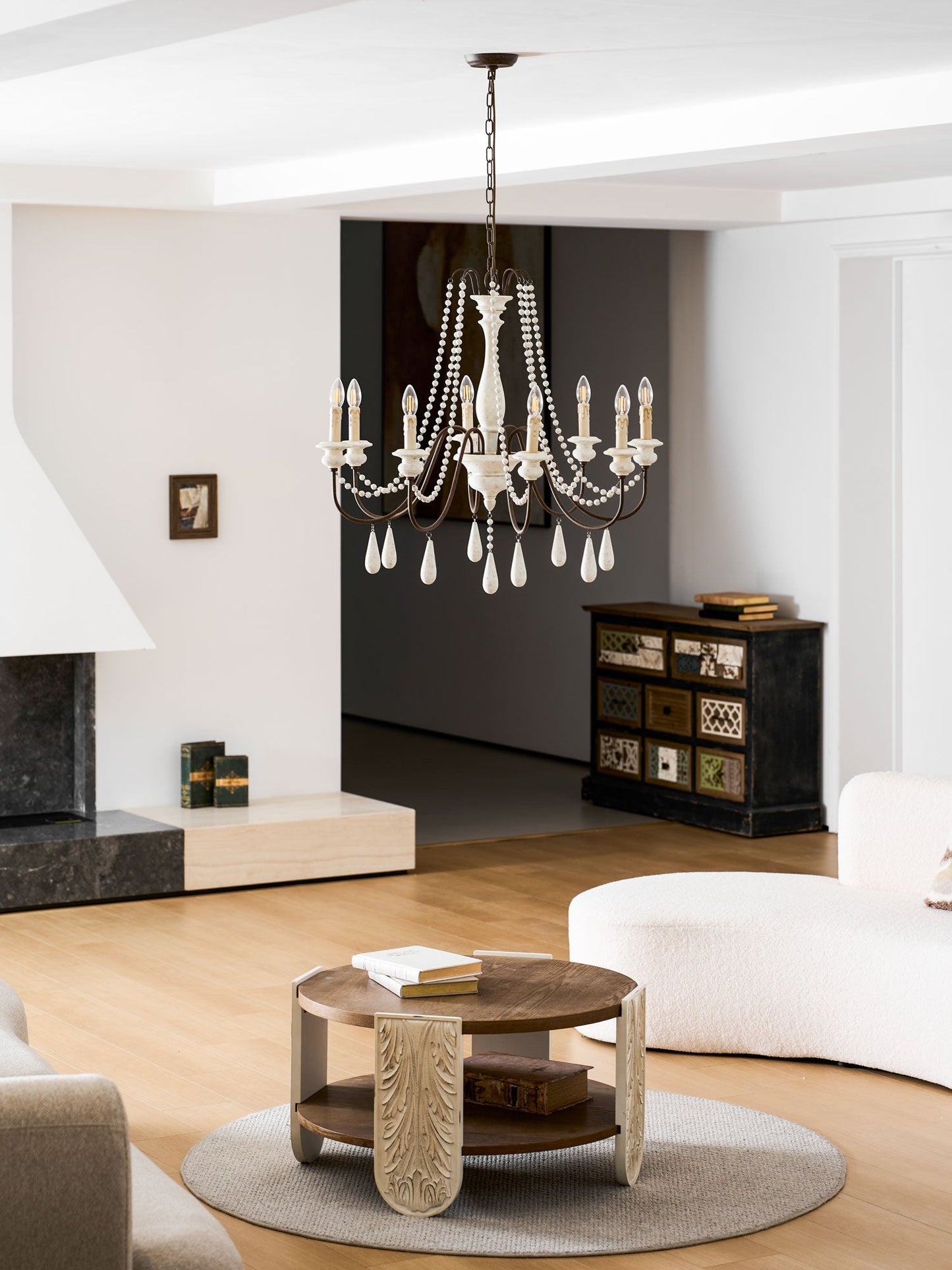 Elegant Candle Style Beaded Chandelier with Adjustable Height and Dimm