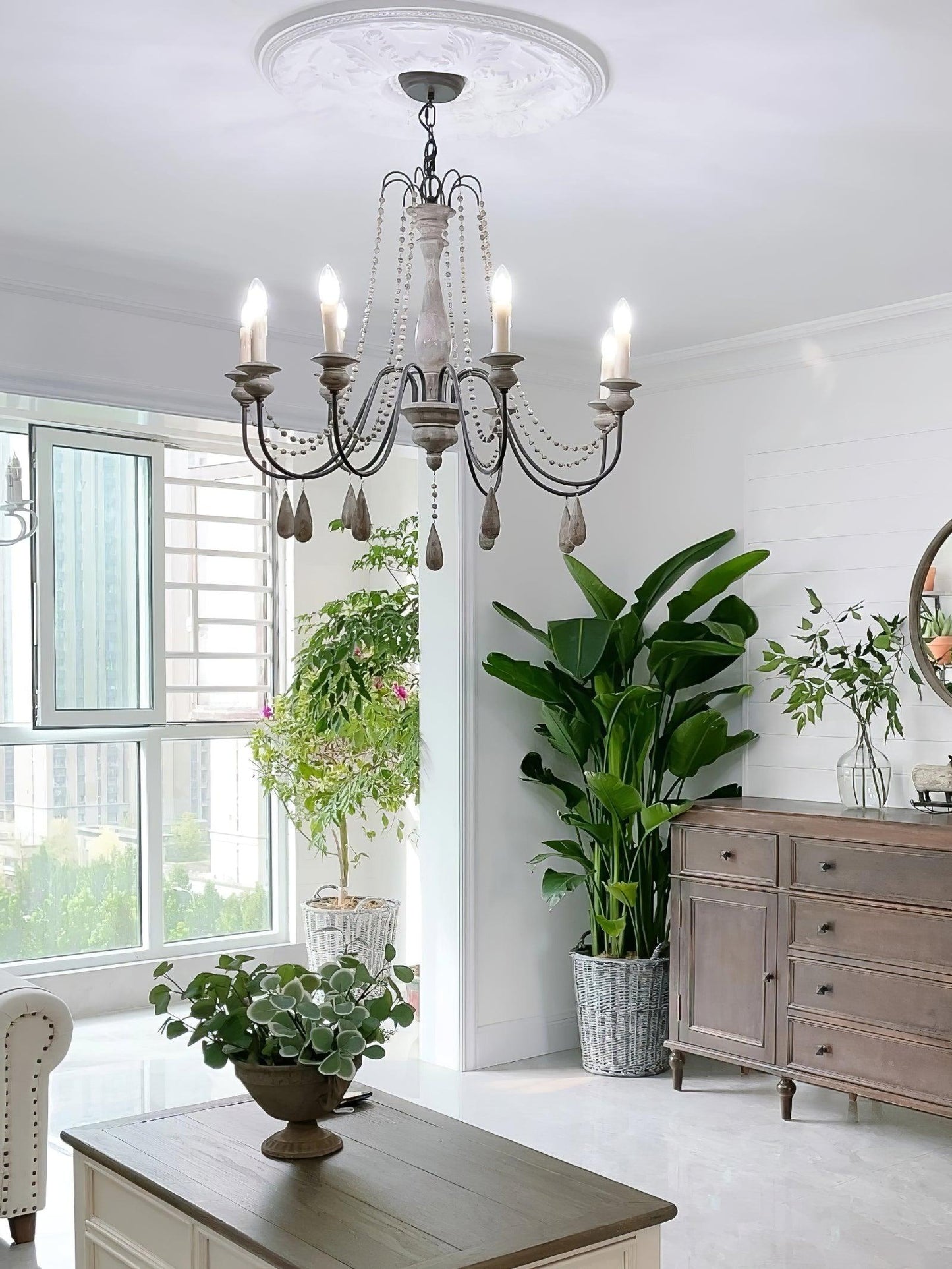 Elegant Candle Style Beaded Chandelier with Adjustable Height and Dimm