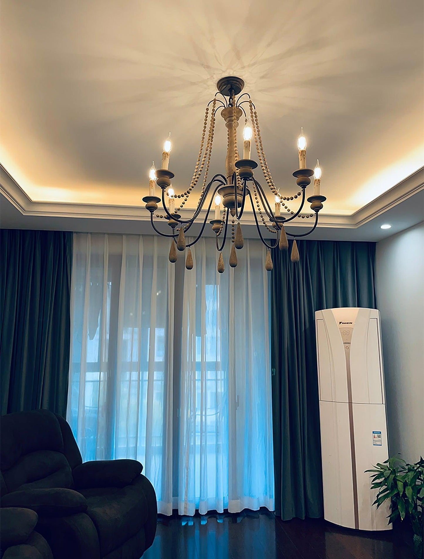 Elegant Candle Style Beaded Chandelier with Adjustable Height and Dimm