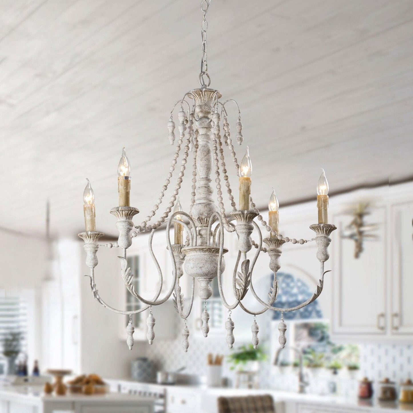 Elegant Candle Style Beaded Chandelier with Adjustable Height and Dimm