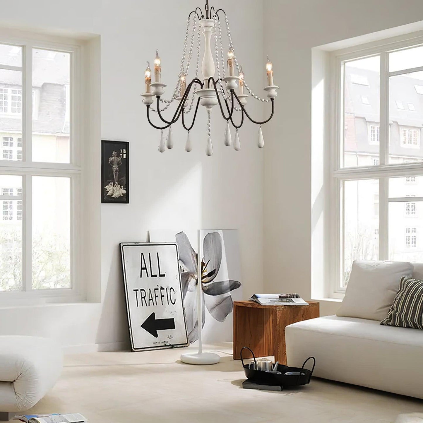 Elegant Candle Style Beaded Chandelier with Adjustable Height and Dimm