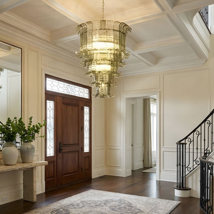 Elegant Cascade Glass Green Chandelier with Adjustable Height & LED Co