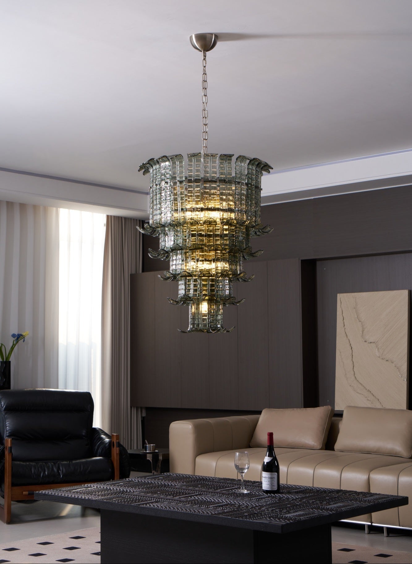 Elegant Cascade Glass Green Chandelier with Adjustable Height & LED Co