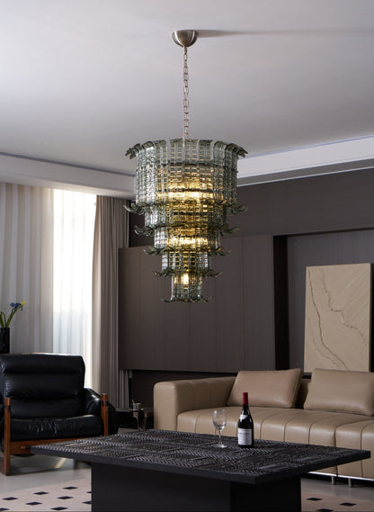 Elegant Cascade Glass Green Chandelier with Adjustable Height & LED Co
