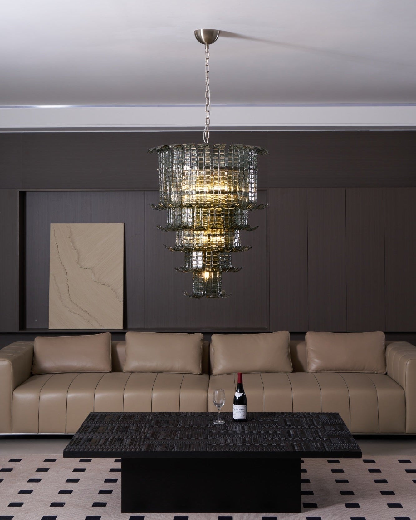 Elegant Cascade Glass Green Chandelier with Adjustable Height & LED Co