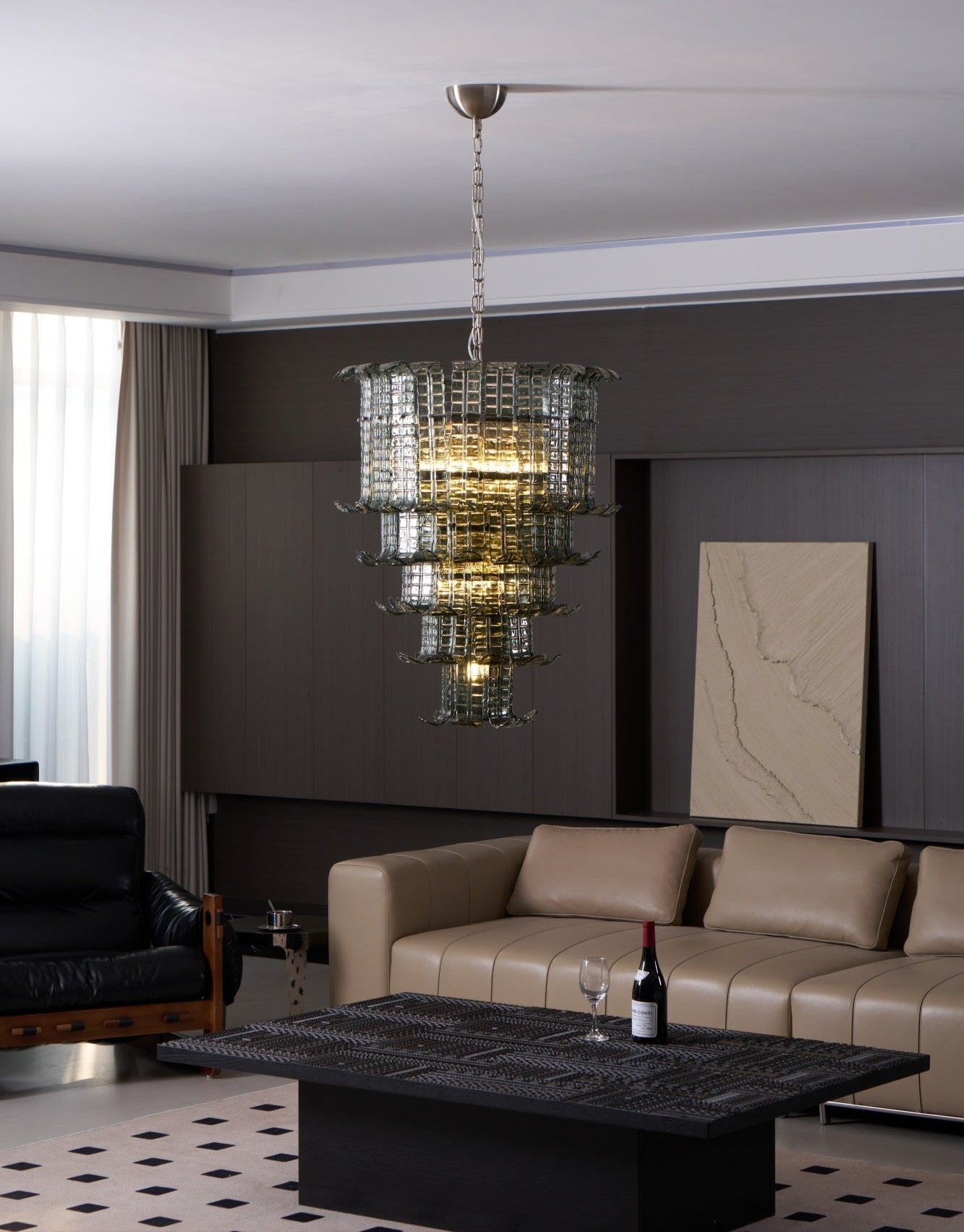 Elegant Cascade Glass Green Chandelier with Adjustable Height & LED Co