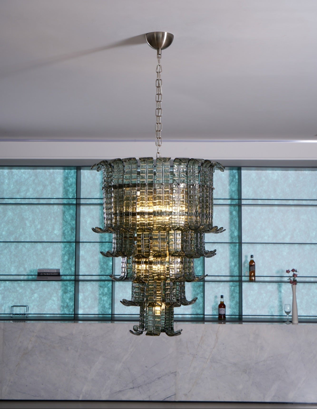 Elegant Cascade Glass Green Chandelier with Adjustable Height & LED Co