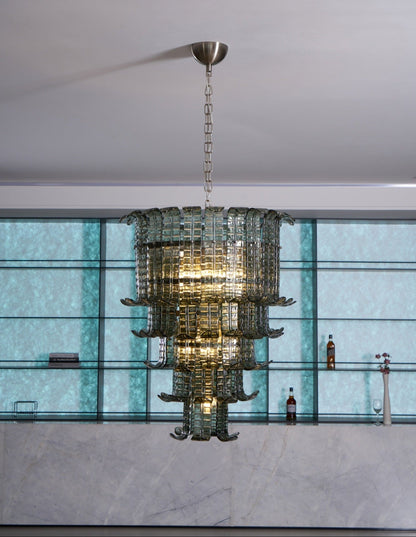 Elegant Cascade Glass Green Chandelier with Adjustable Height & LED Co