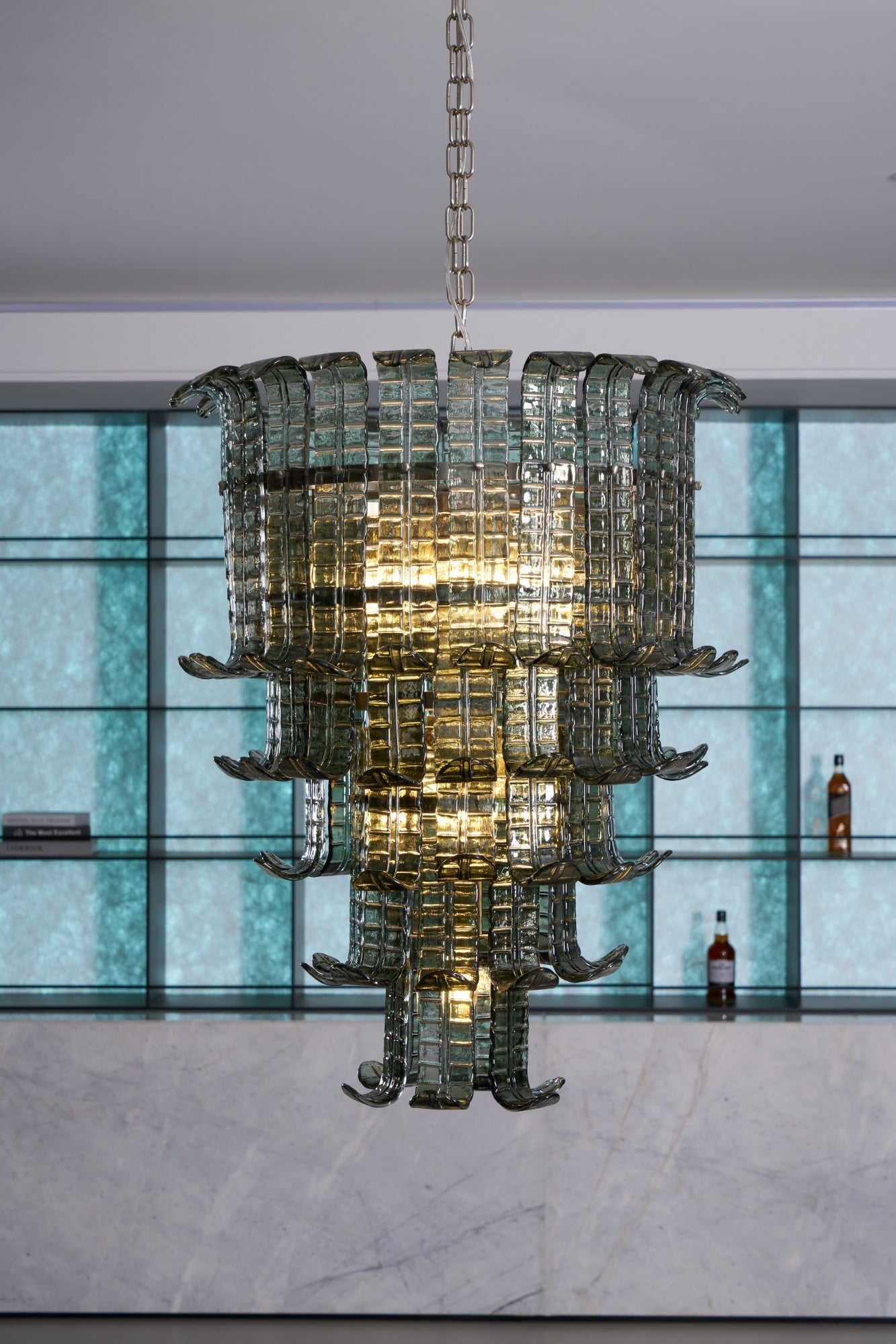 Elegant Cascade Glass Green Chandelier with Adjustable Height & LED Co
