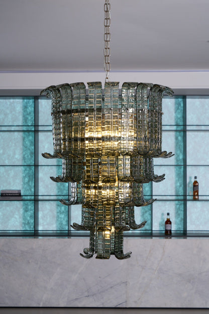 Elegant Cascade Glass Green Chandelier with Adjustable Height & LED Co